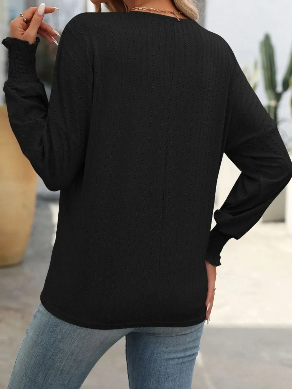 Mandy Textured Notched Lantern Sleeve T-Shirt – Trendsi | ClozArt