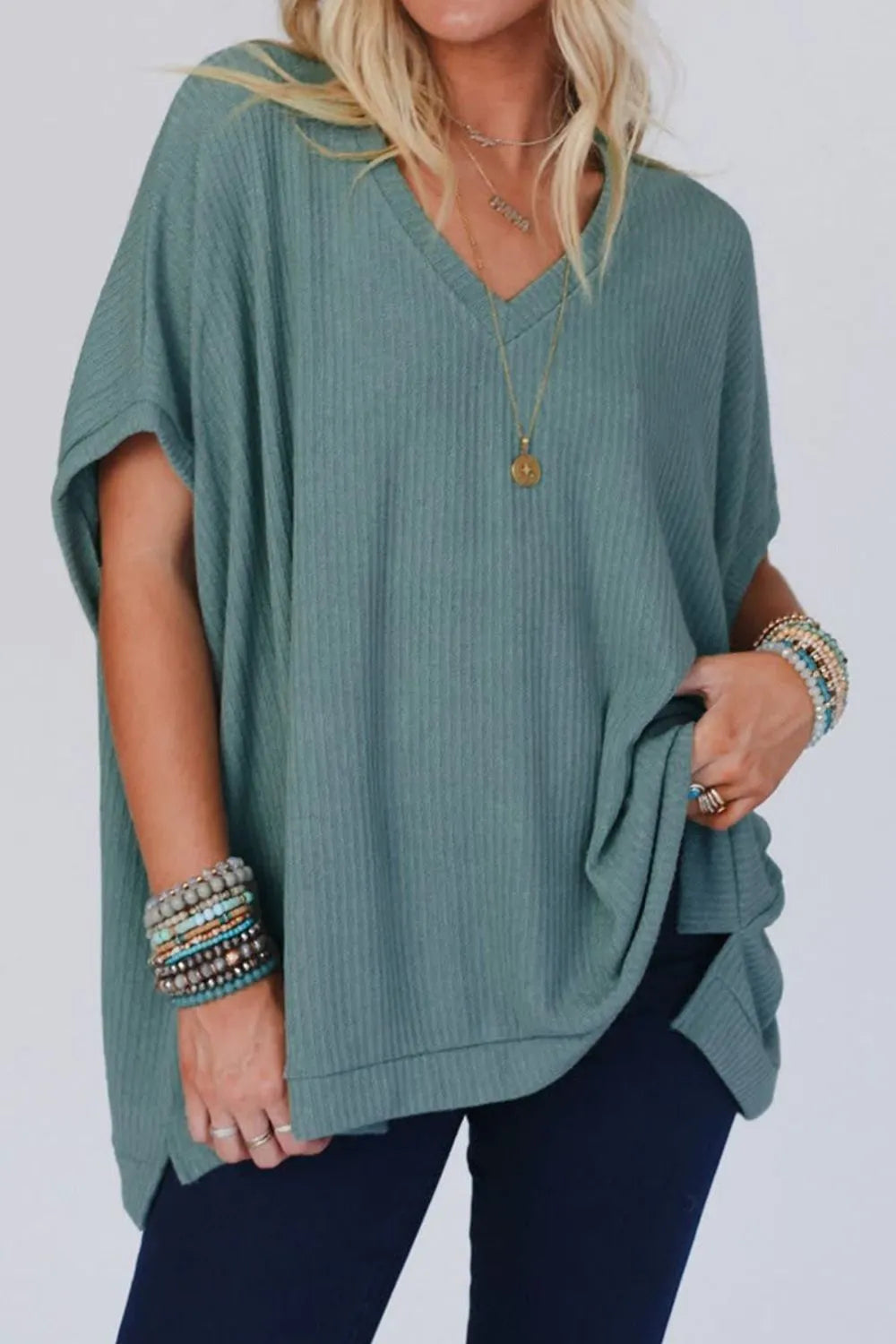 Oversized Ribbed Knit V Neck Dolman Short Sleeve Top – Trendsi | ClozArt