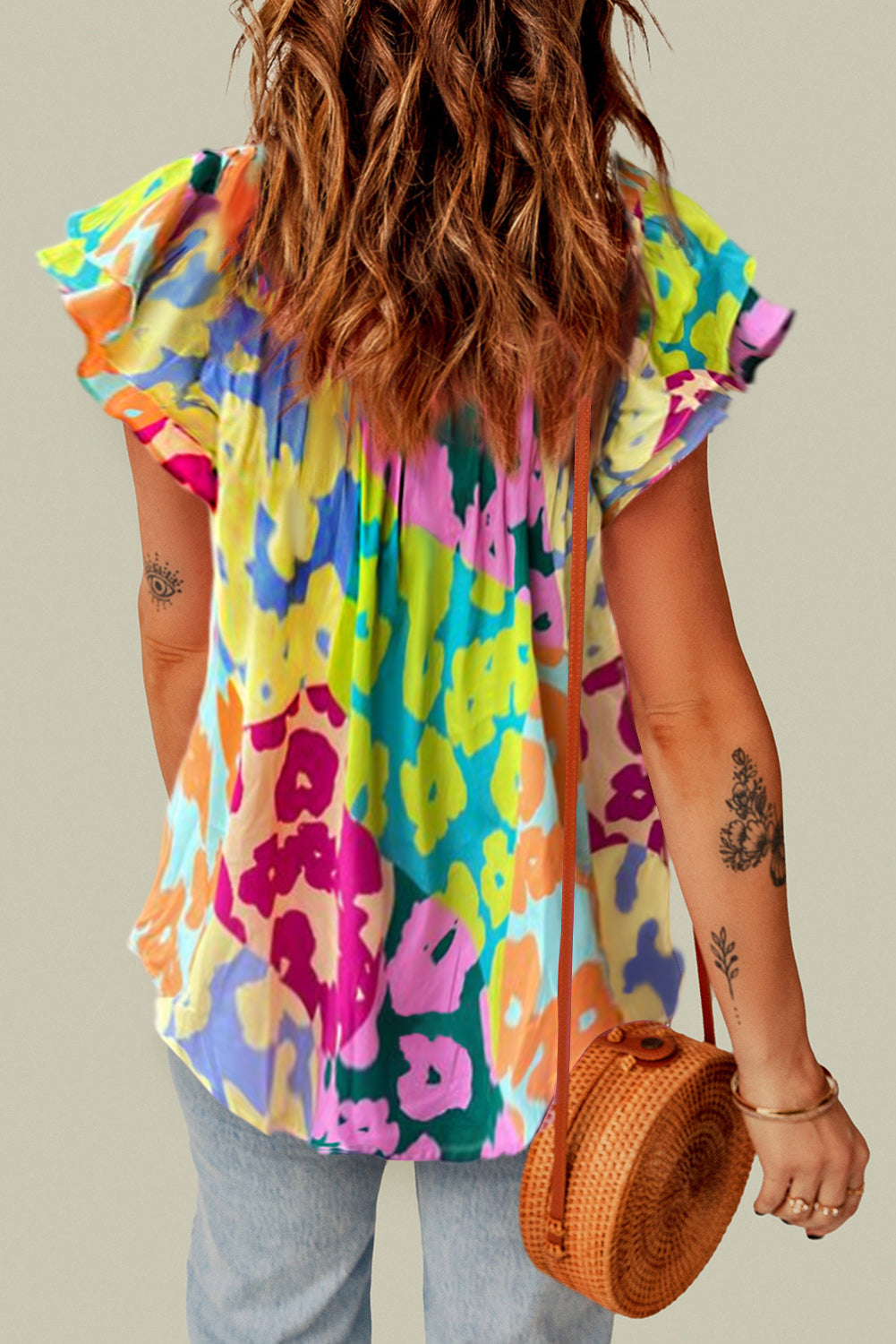 Multicolour Leopard Flutter Sleeve V Neck Crinkled Blouse – Shewin | ClozArt