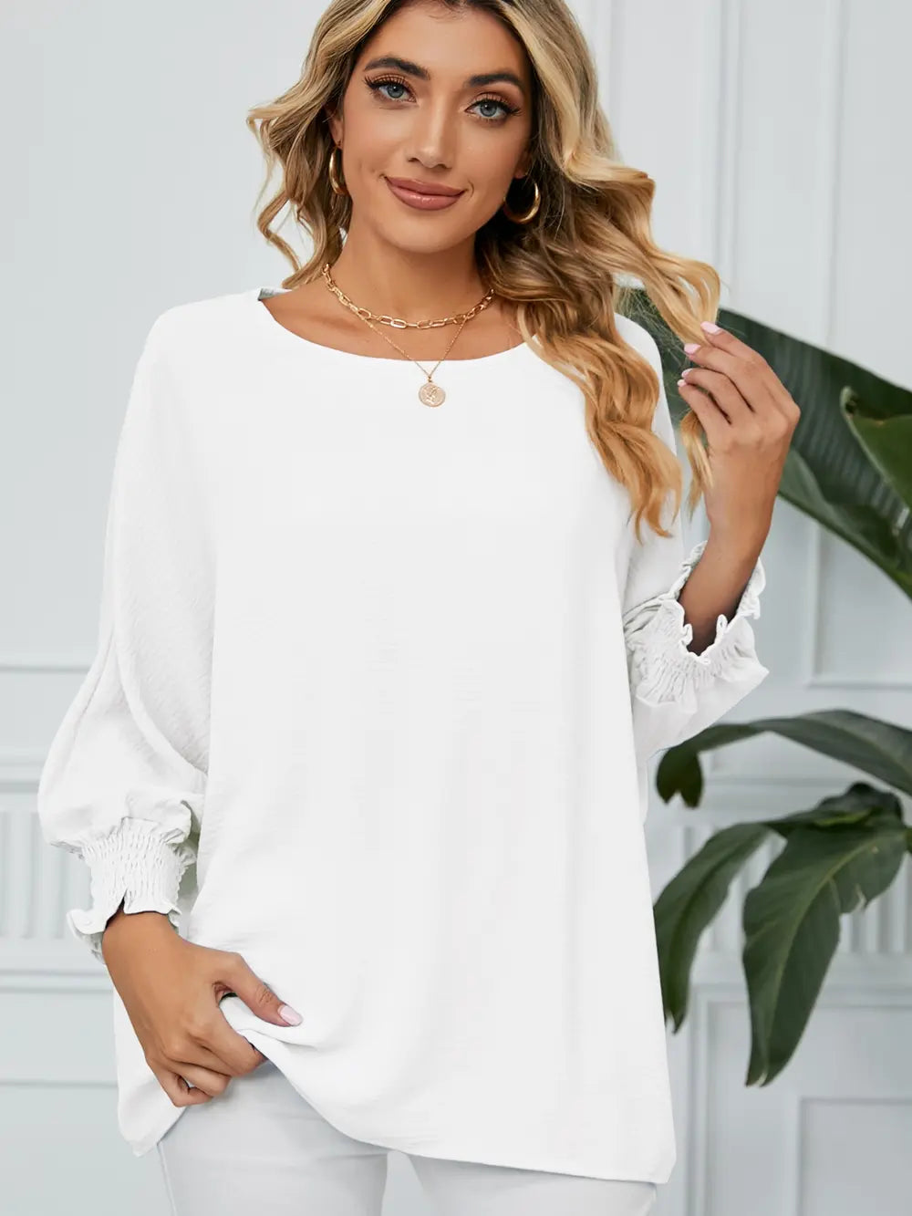 Smocked Lantern Sleeve Round Neck Blouse – Trendsi | ClozArt