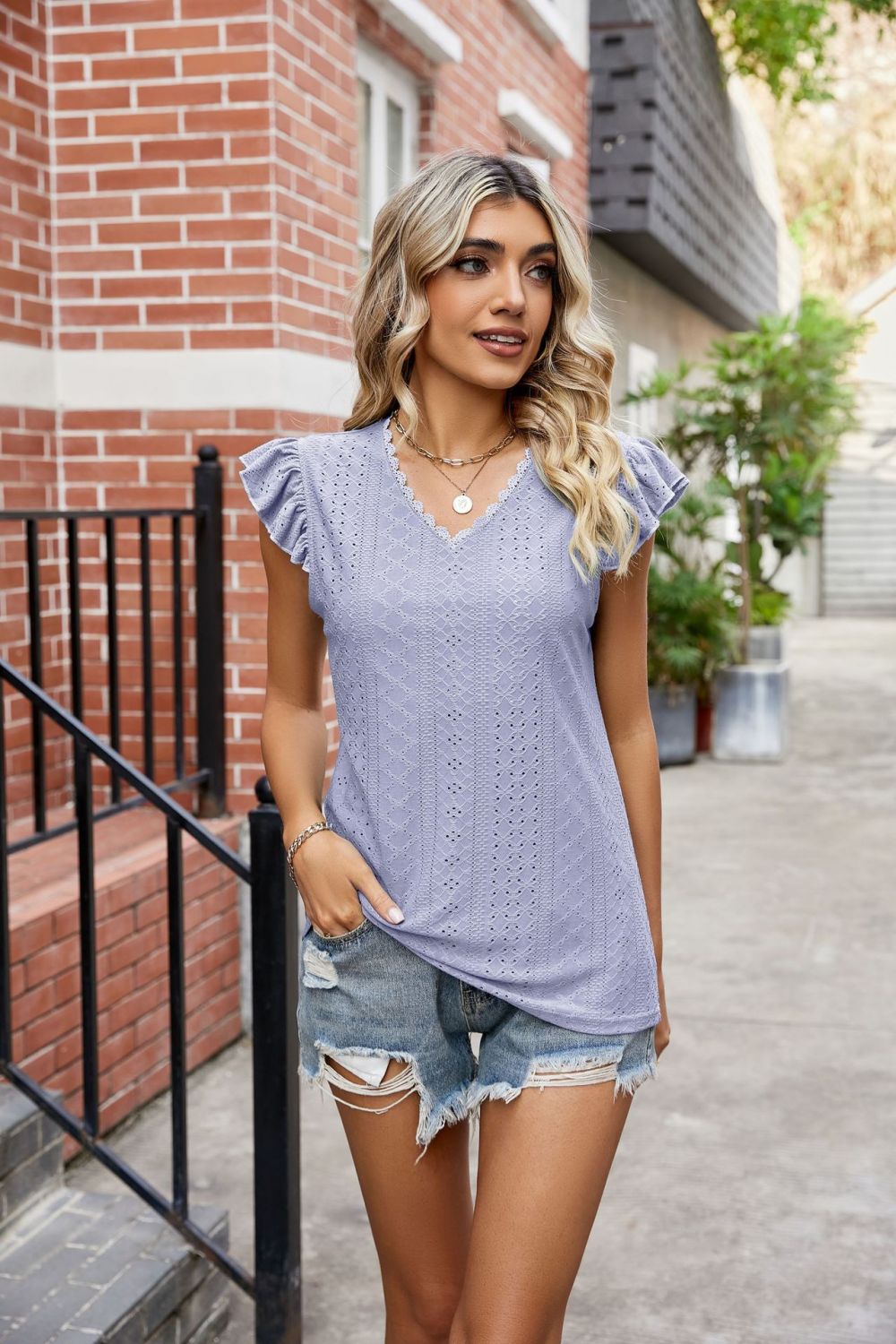 Eyelet Flutter Sleeve Scalloped V-Neck Top – Trendsi | ClozArt