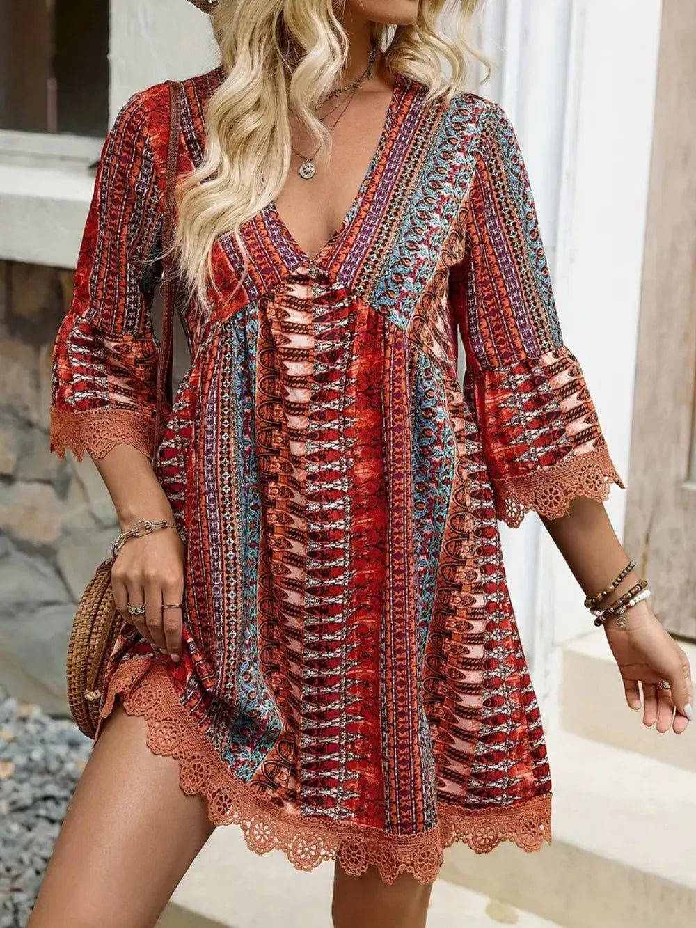 Lace Trim Printed V-Neck 3/4 Sleeve Dress – Trendsi | ClozArt