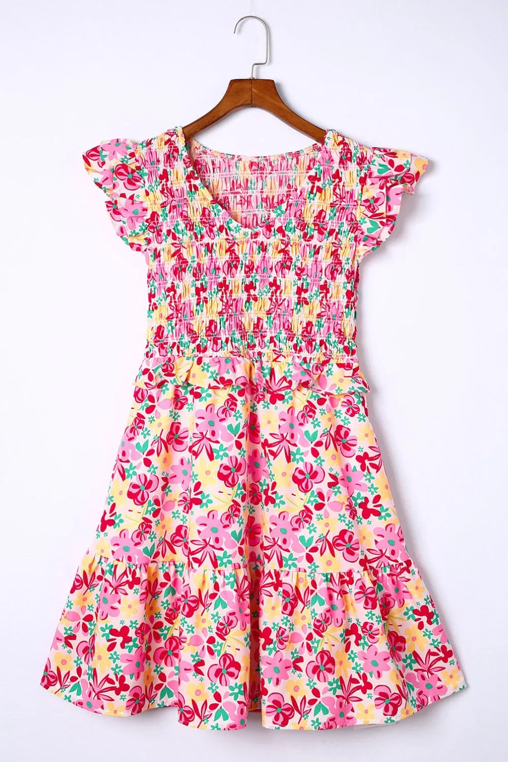 Smocked Floral V-Neck Ruffled Cap Sleeve Dress – Trendsi | ClozArt