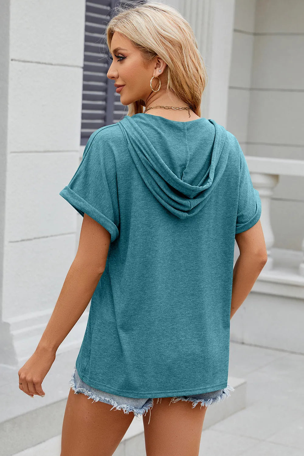 Half Button Drawstring Short Sleeve Hooded T-Shirt – Trendsi | ClozArt