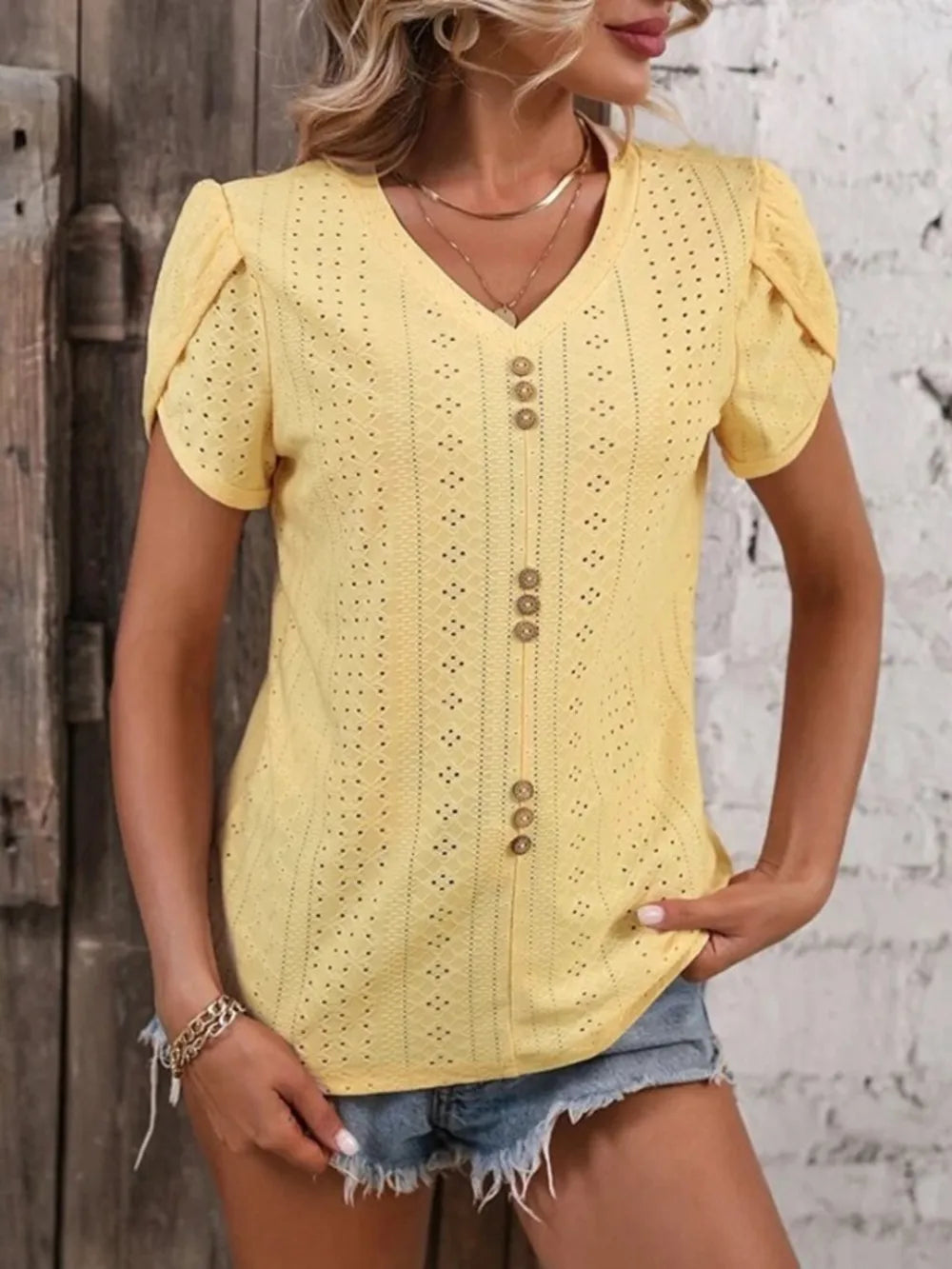 Eyelet V-Neck Petal Sleeve T-Shirt – Trendsi | ClozArt