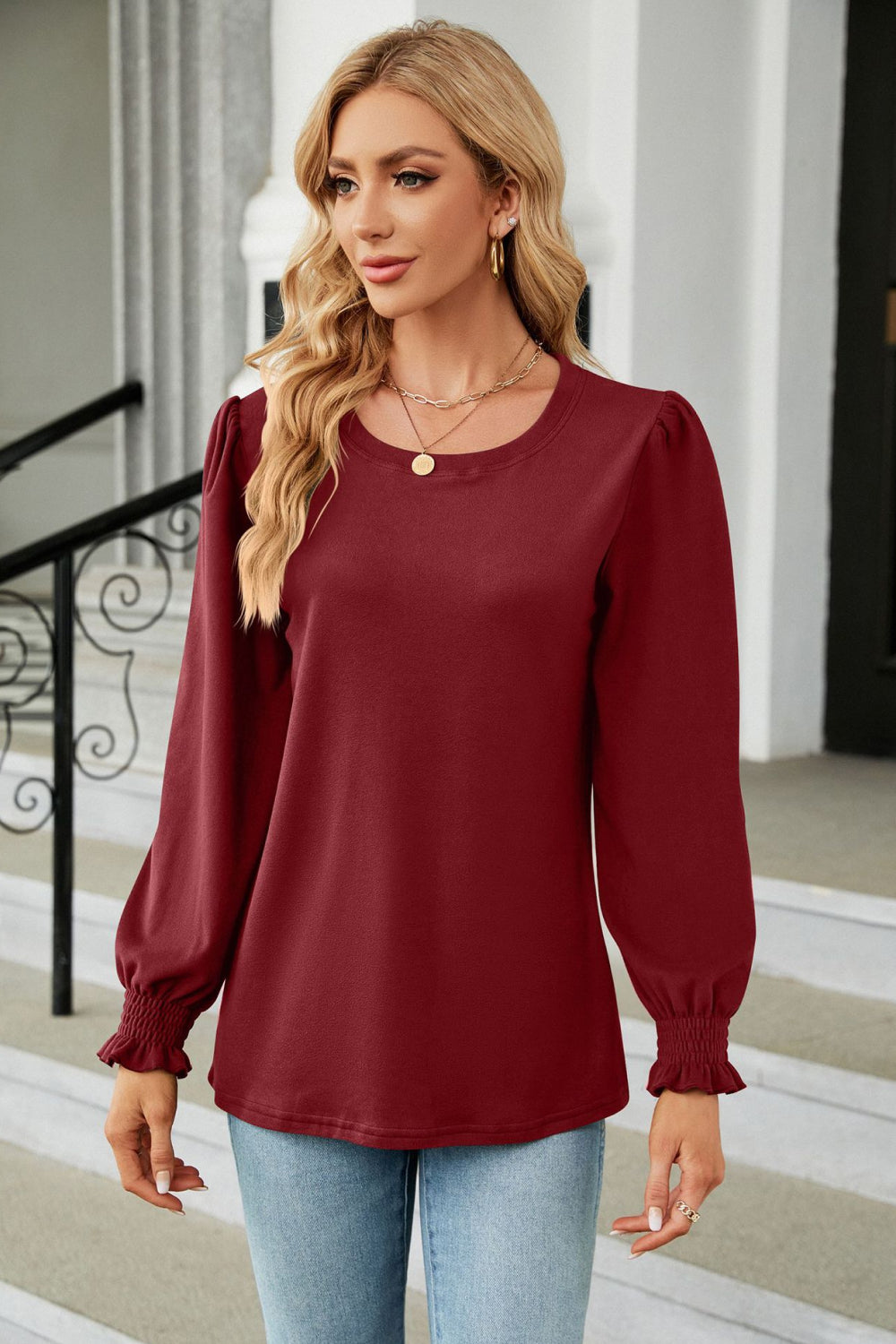 Round Neck Smocked Flounce Sleeve Blouse – Trendsi | ClozArt