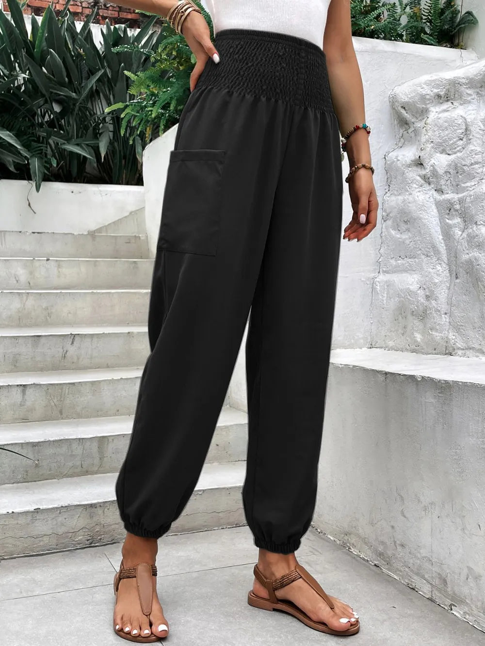 Smocked High Rise Joggers with Pockets – Trendsi | ClozArt