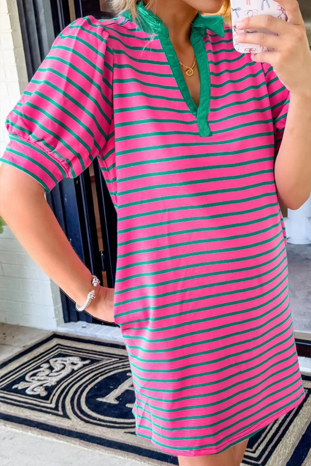 Oh Striped Johnny Collar Puff Sleeve Mini Tee Dress – Trendsi | ClozArt