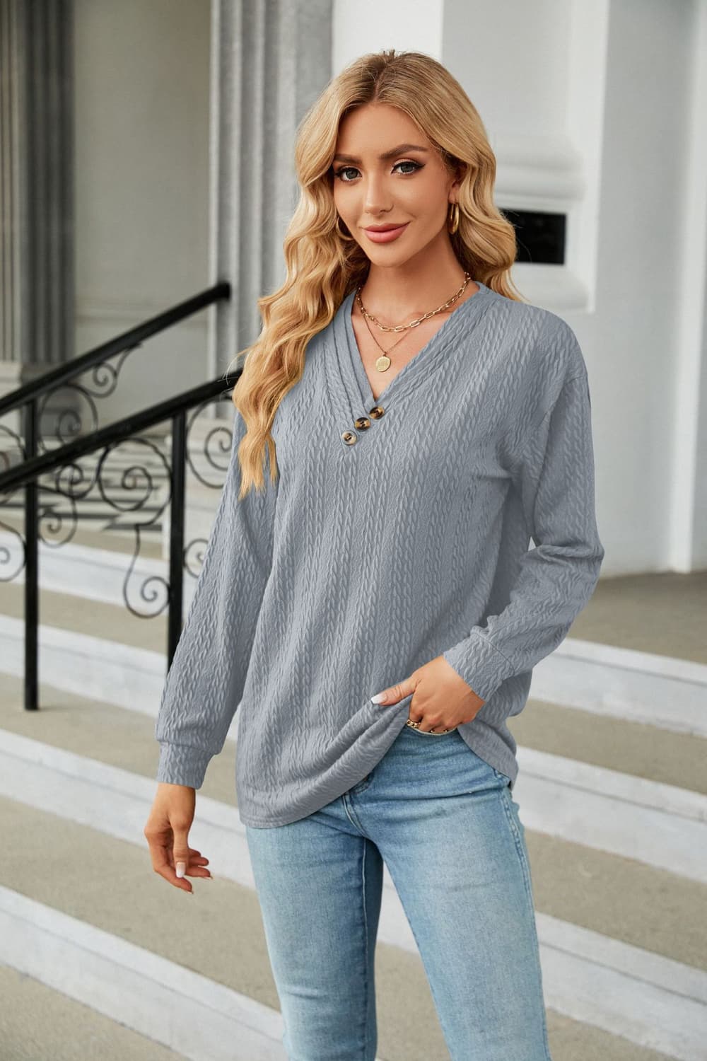 Decorative Button V-Neck Long Sleeve T-Shirt – Trendsi | ClozArt