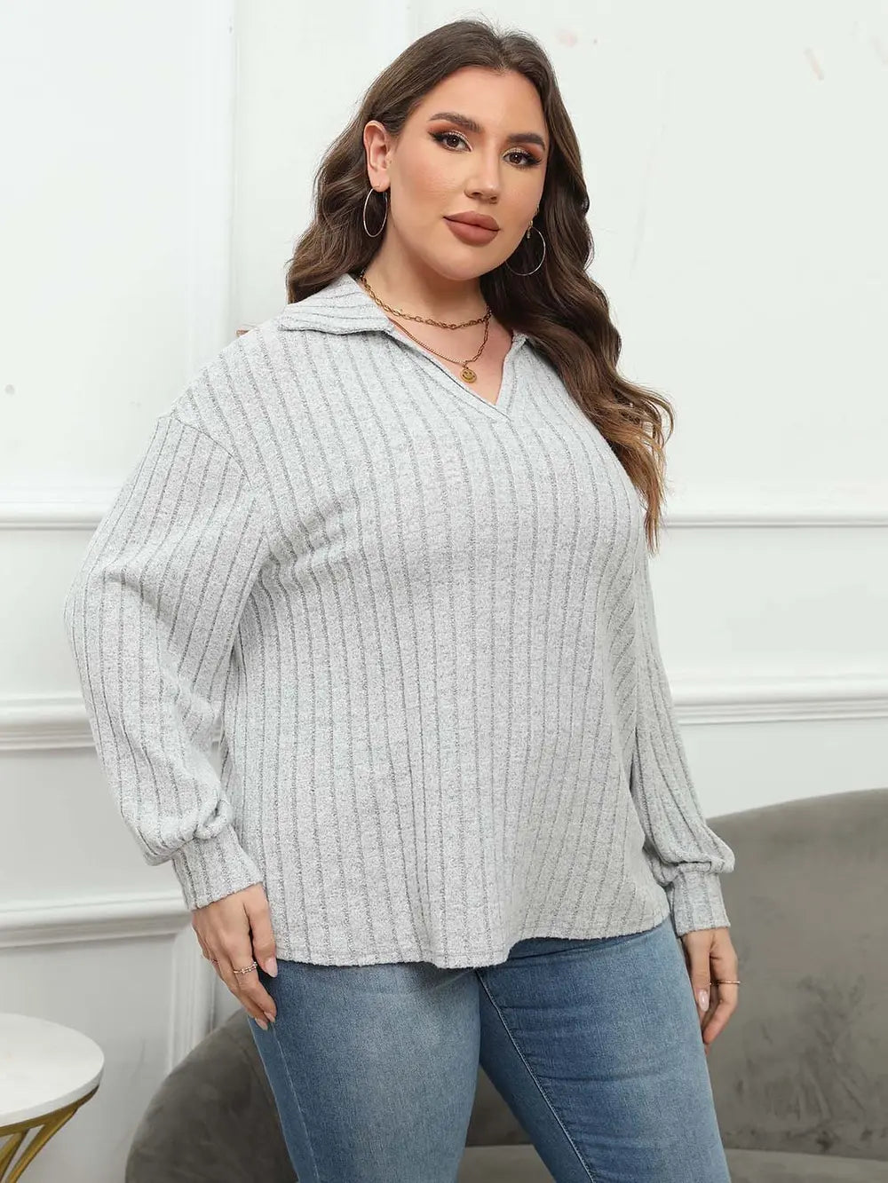 Plus Size Ribbed Collared Neck Long Sleeve Blouse – Trendsi | ClozArt