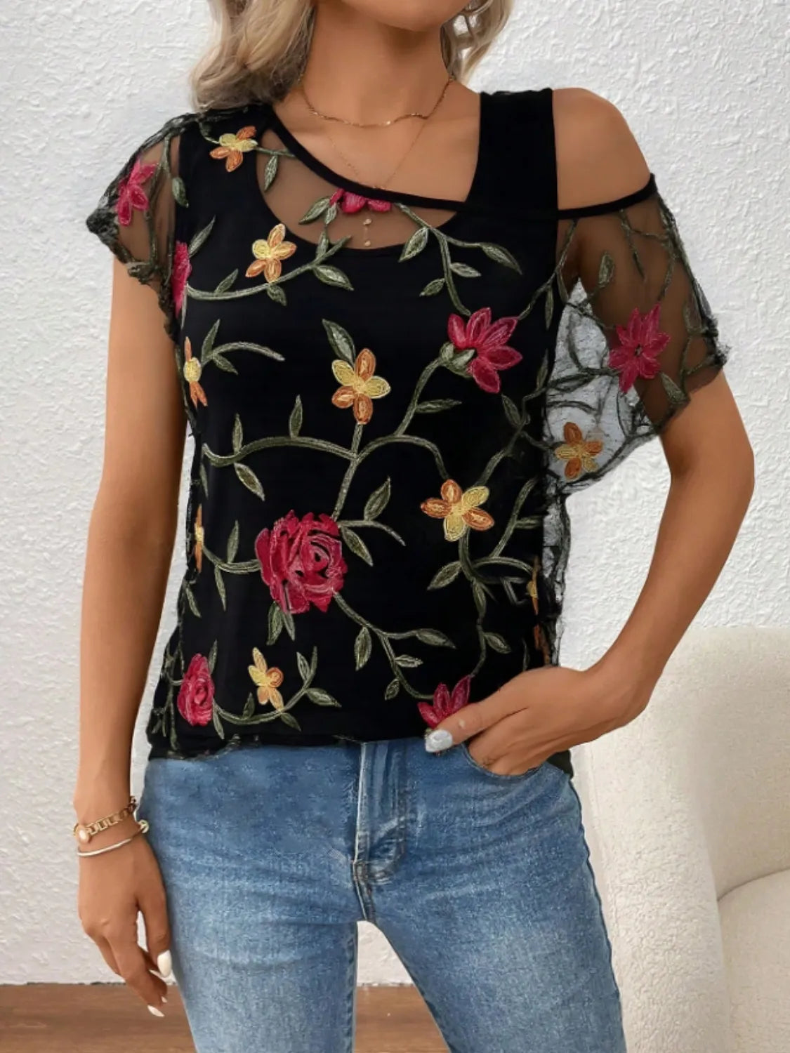 Floral Short Sleeve Sheer Top – Trendsi | ClozArt