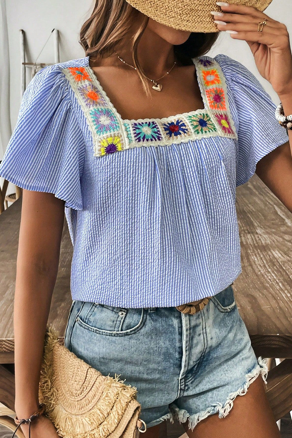 Sky Blue Striped Crochet Applique Boho Blouse – Shewin | ClozArt