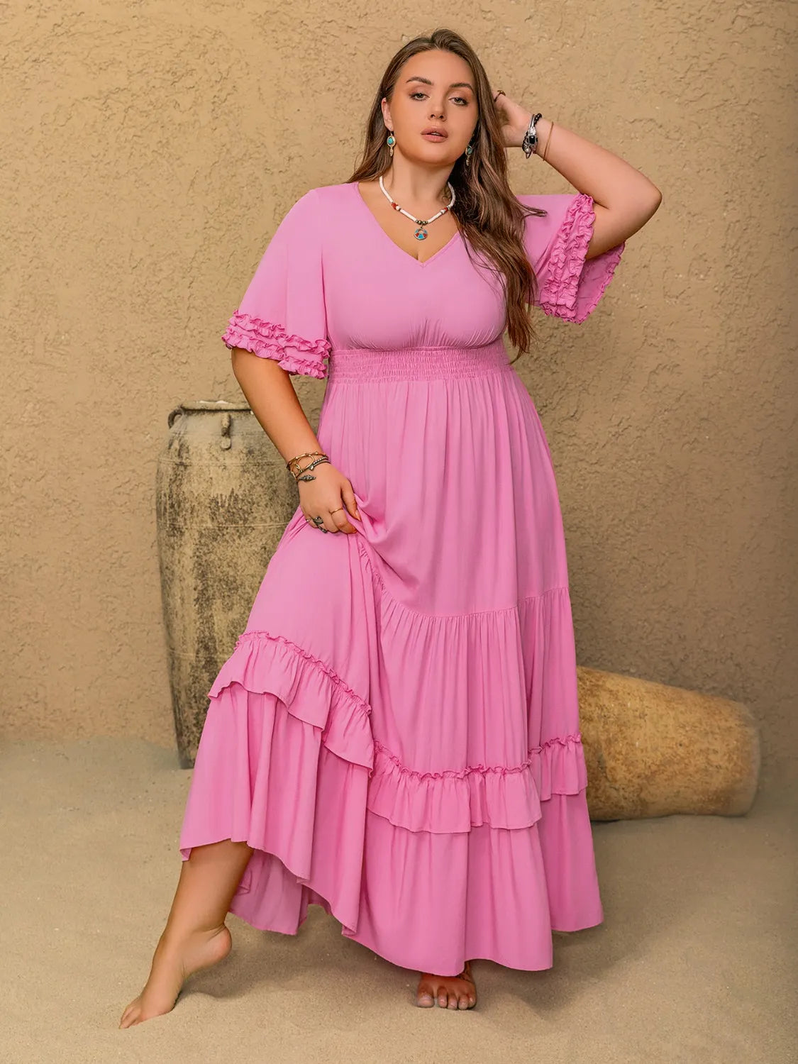 Plus Size V-Neck Half Sleeve Maxi Dress – Trendsi | ClozArt
