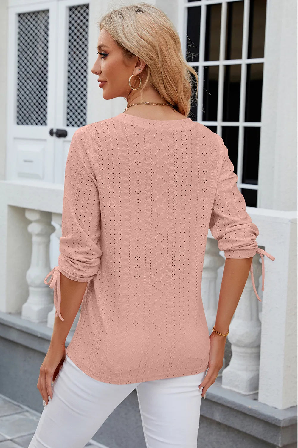 Eyelet Drawstring V-Neck Half Sleeve T-Shirt – Trendsi | ClozArt