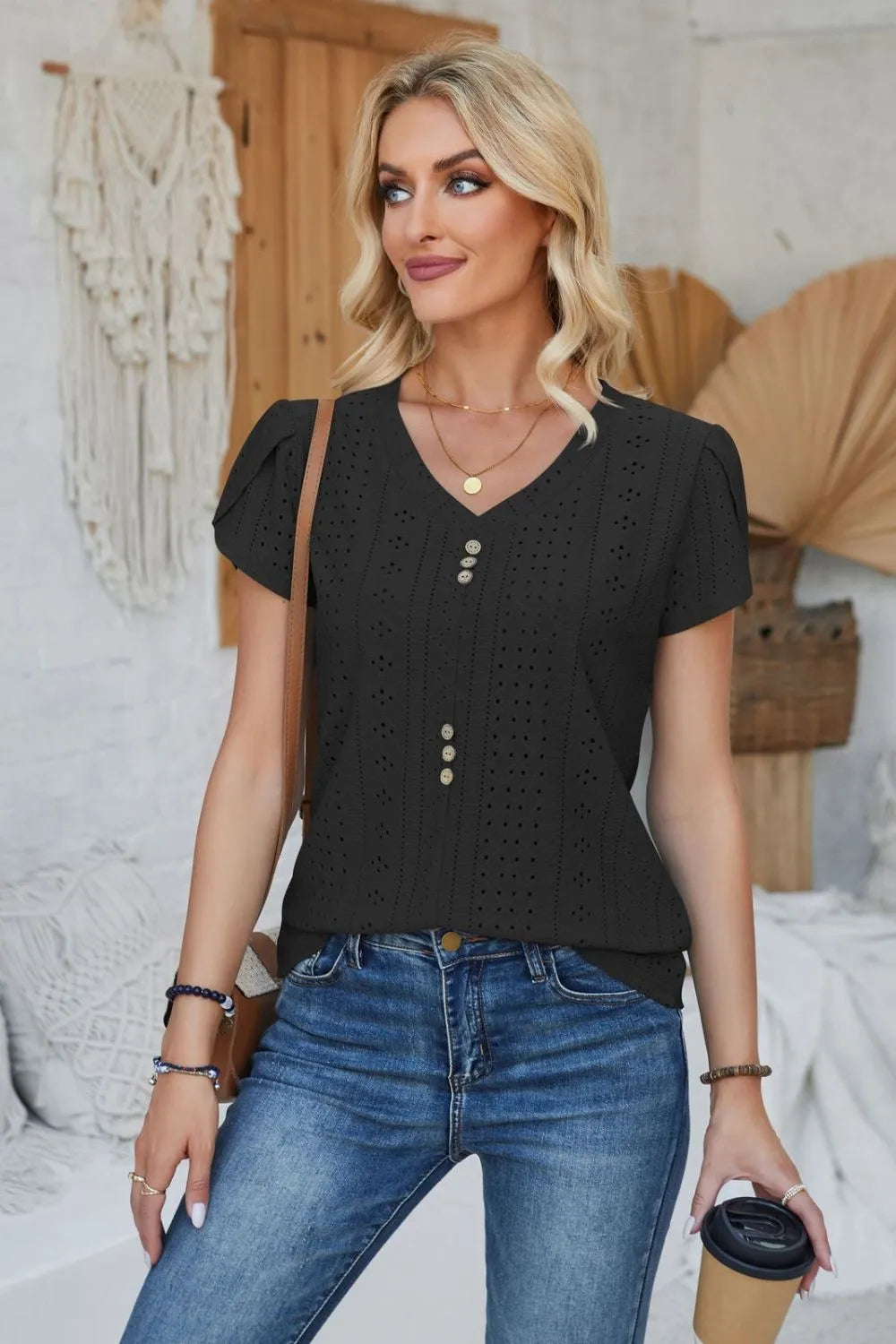 Decorative Button Eyelet V-Neck Short Sleeve T-Shirt – Trendsi | ClozArt