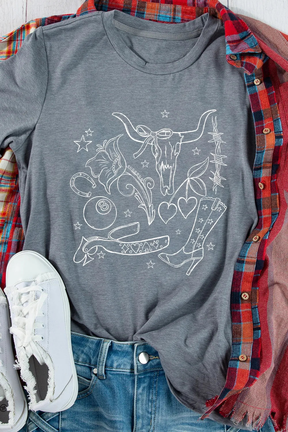 Cowgirl Boots OX Head Western Graphic Crewneck Tee – Trendsi | ClozArt