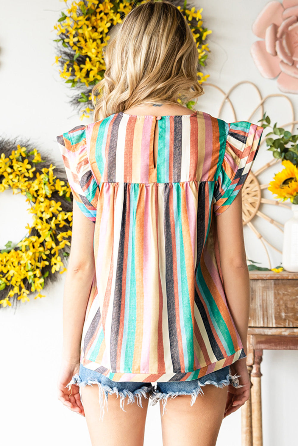 Multicolored Stripe Flutter Sleeve Blouse – Trendsi | ClozArt