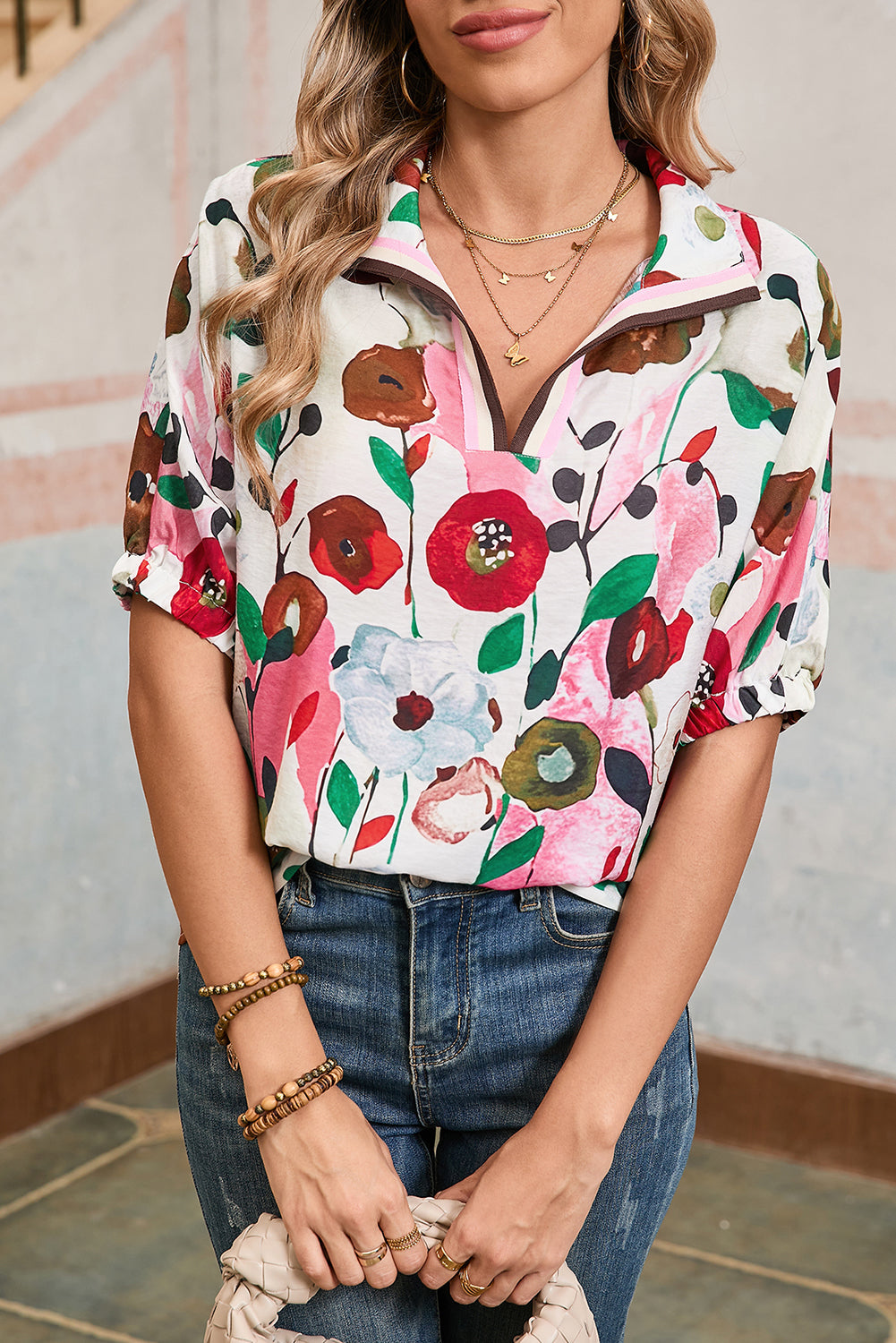 Peacock Blue Floral Print Boho Pop of Color Neckline Blouse – Shewin | ClozArt