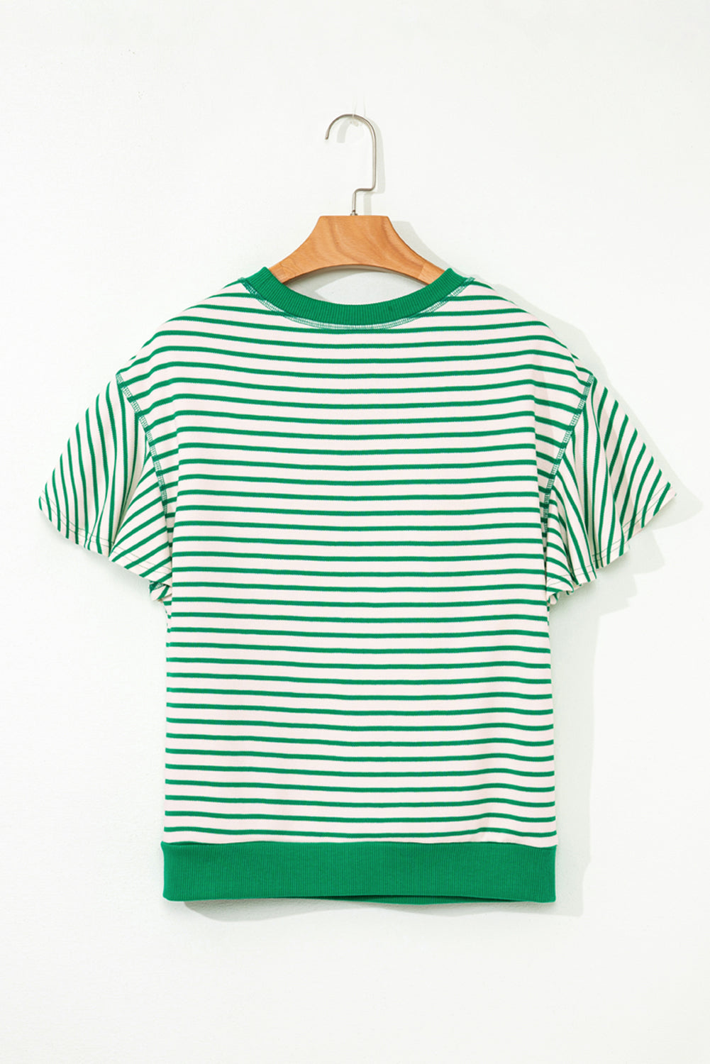 Sachet Pink Striped Ruffle Sleeve Round Neck Top – Shewin | ClozArt