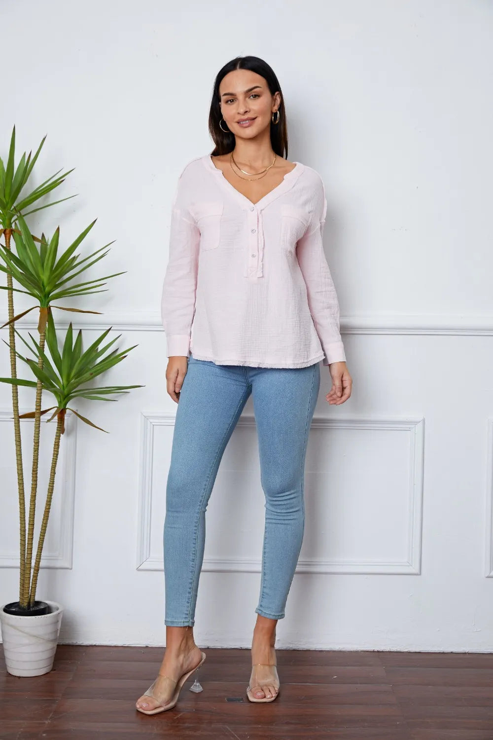 Texture Half Button Raw Hem Top – Trendsi | ClozArt