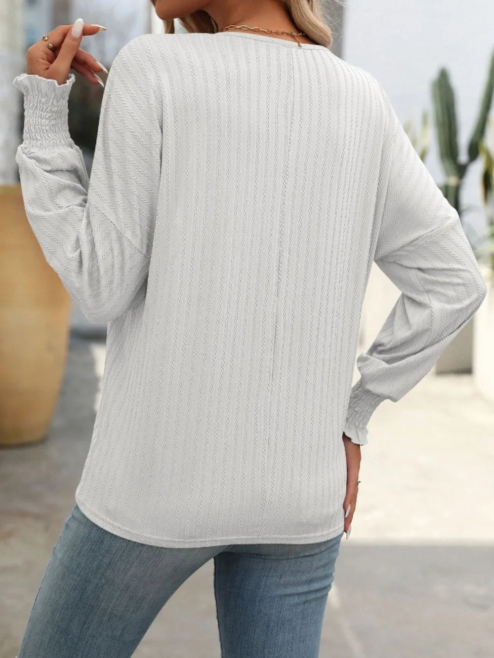 Mandy Textured Notched Lantern Sleeve T-Shirt – Trendsi | ClozArt