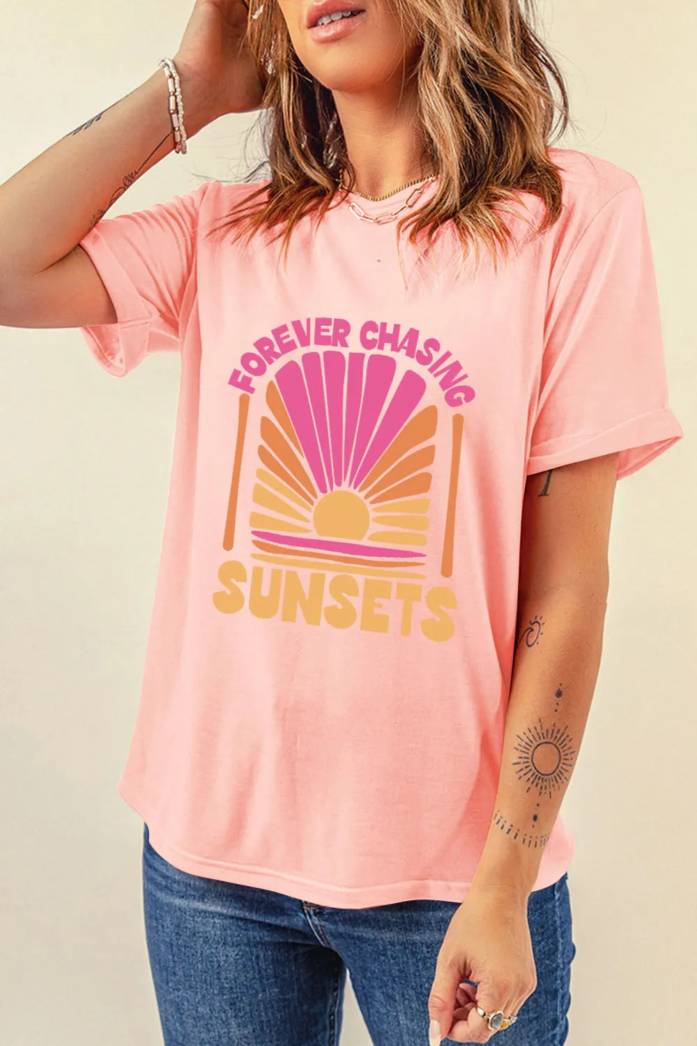 FOREVER CHASING SUNSETS Round Neck T-Shirt – Trendsi | ClozArt