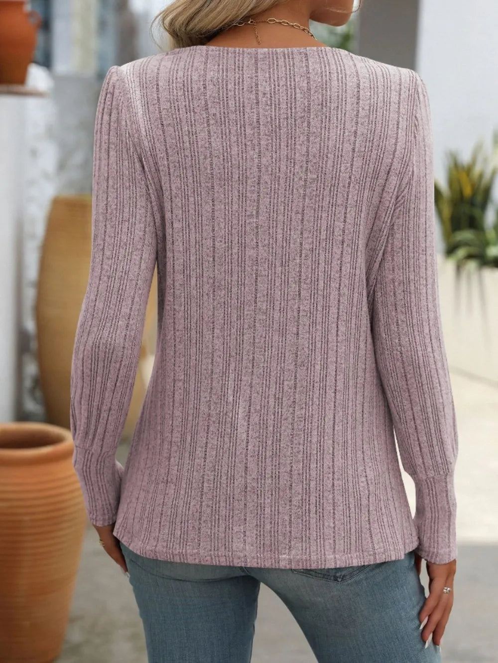 Mandy Decorative Button Striped Square Neck Long Sleeve T-Shirt – Trendsi | ClozArt