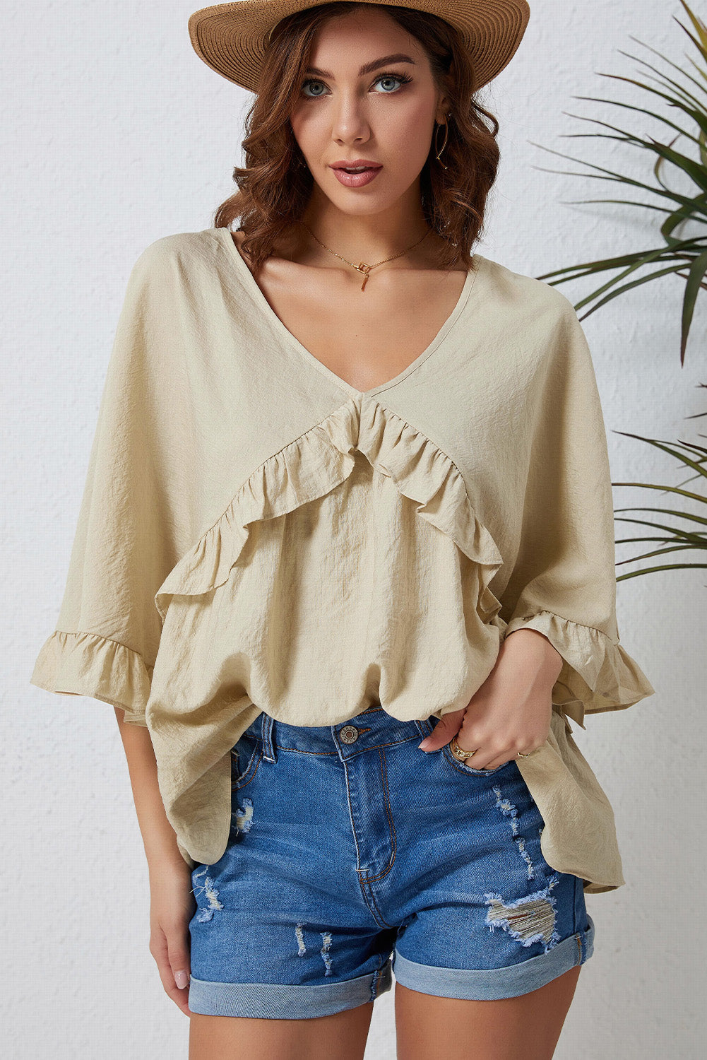Ruffled V-Neck Half Sleeve Blouse – Trendsi | ClozArt