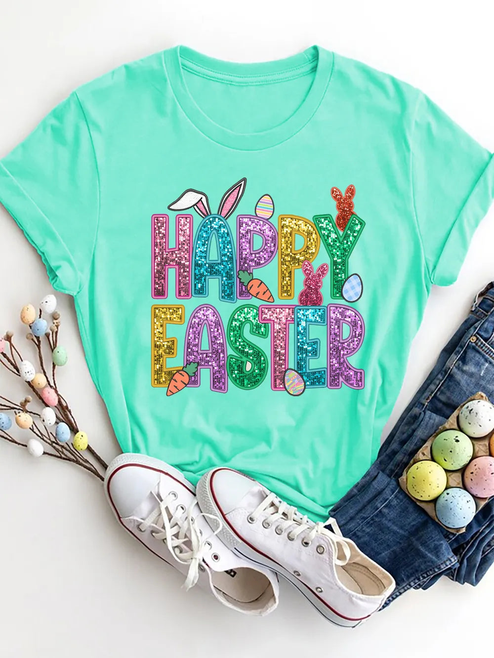 HAPPY EASTER Round Neck Short Sleeve T-Shirt – Trendsi | ClozArt