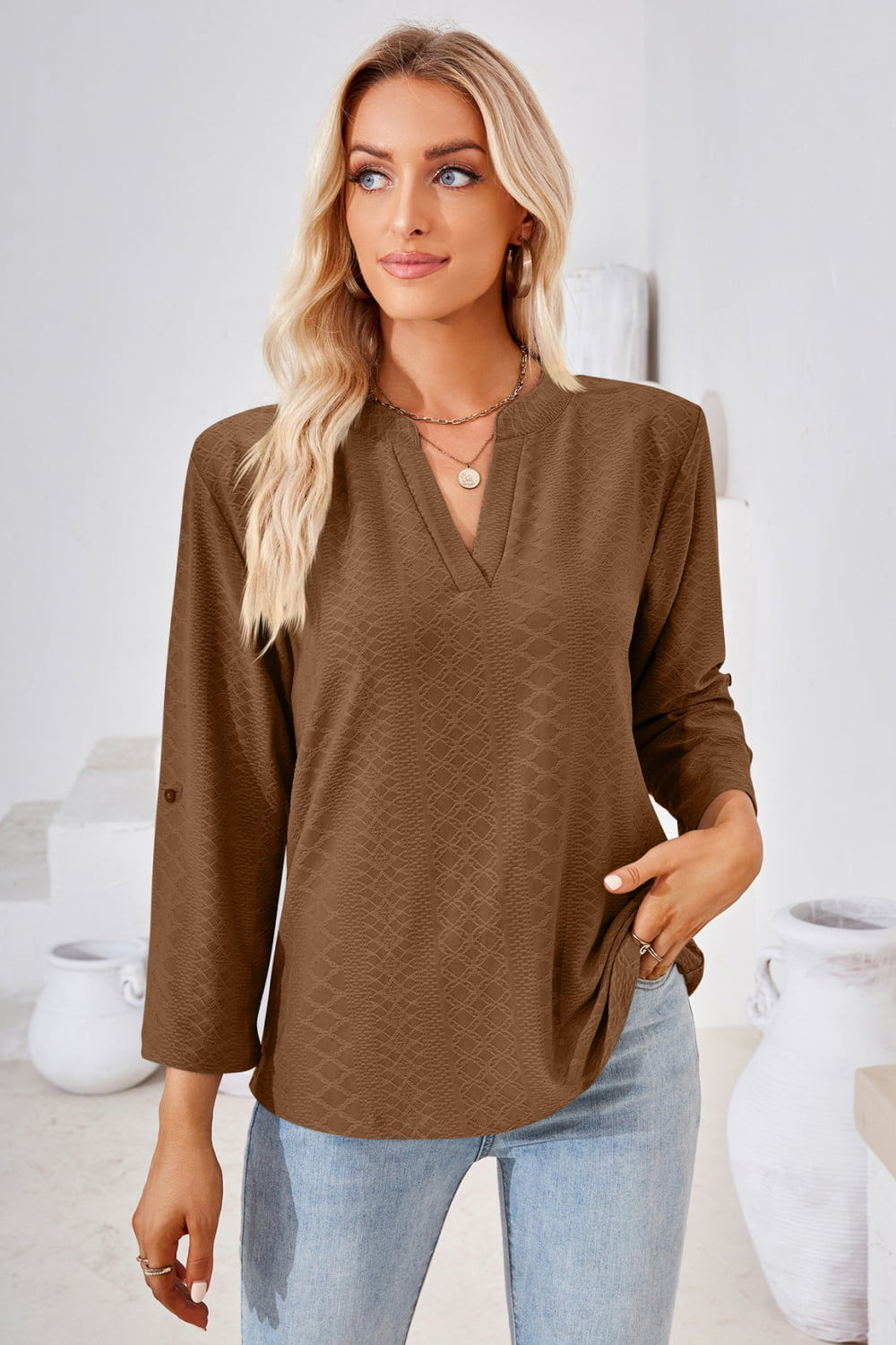 V-Neck Roll-Tap Sleeve Blouse – Trendsi | ClozArt
