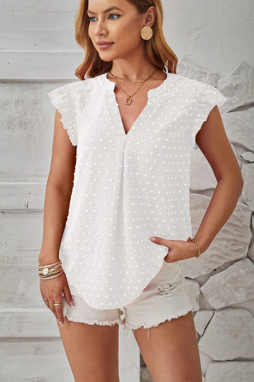 Swiss Dot Ruffled Cap Sleeve T-Shirt – Trendsi | ClozArt