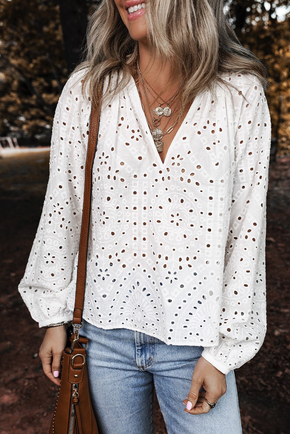 White Eyelet Embroidered Puff Sleeve V Neck Blouse – Shewin | ClozArt