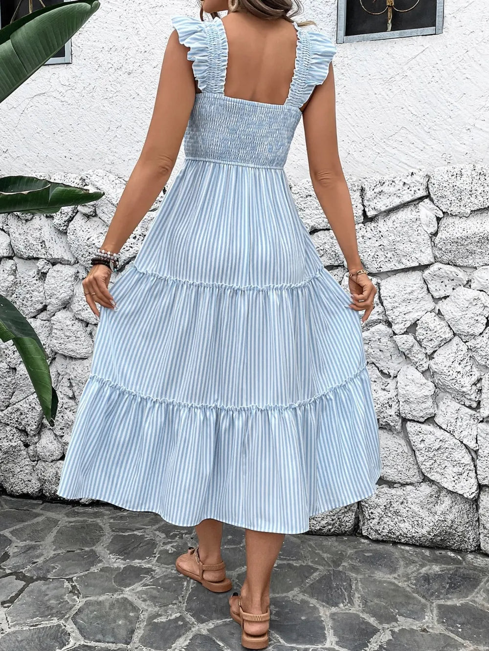 Smocked Striped Wide Striped Midi Dress – Trendsi | ClozArt