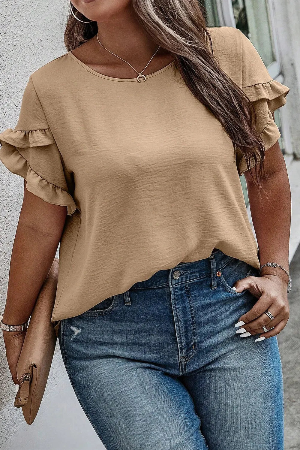 Plus Size Ruffled Petal Sleeve Round Neck T-Shirt – Trendsi | ClozArt