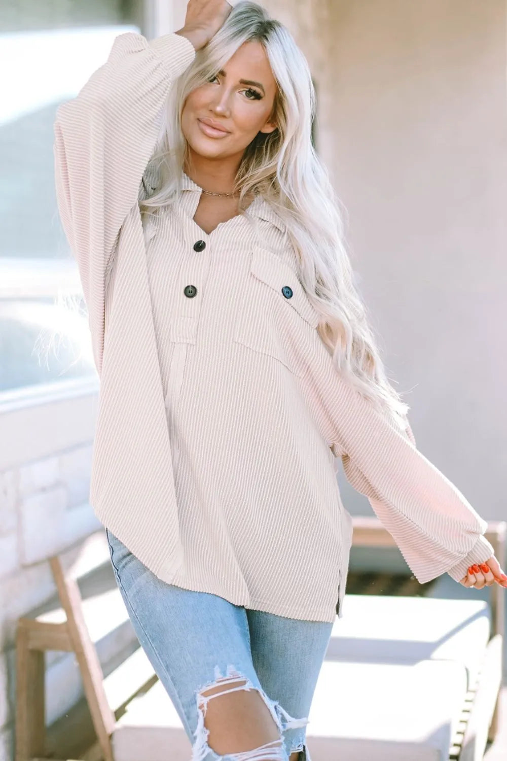 Collared Neck Half Button Long Sleeve Blouse – Trendsi | ClozArt