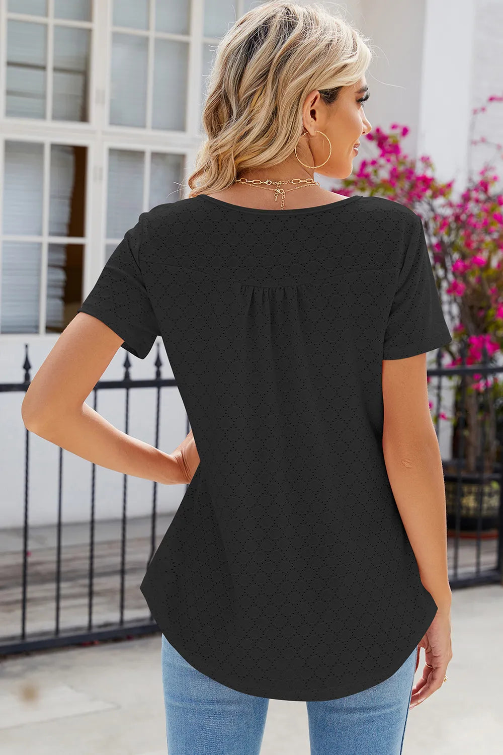 Eyelet Quarter Button Short Sleeve T-Shirt – Trendsi | ClozArt