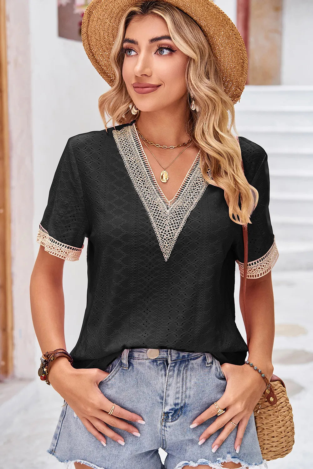 Eyelet V-Neck Short Sleeve T-Shirt – Trendsi | ClozArt