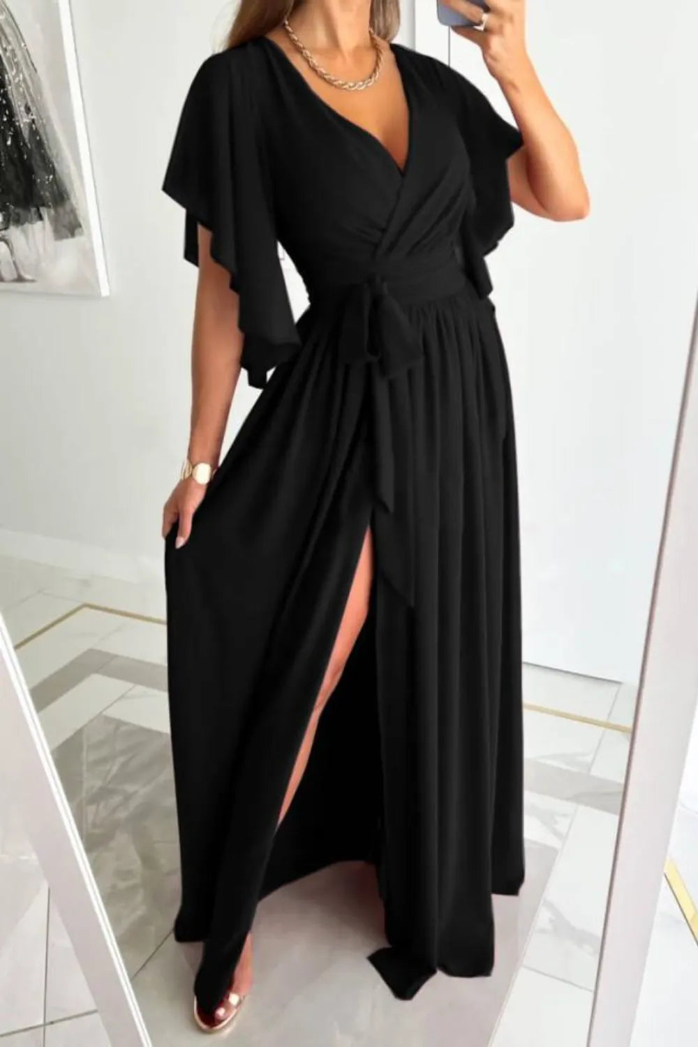 Surplice Flutter Sleeve Maxi Dress – Trendsi | ClozArt