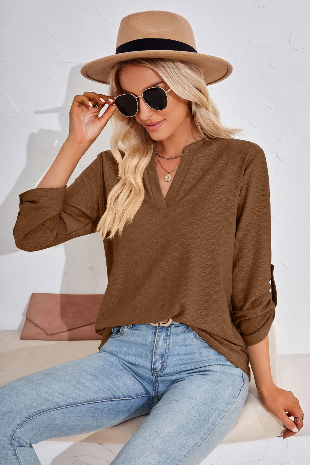 V-Neck Roll-Tap Sleeve Blouse – Trendsi | ClozArt
