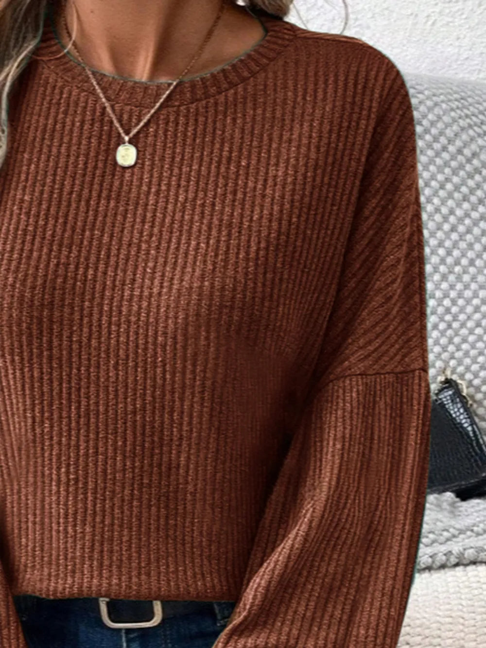 Ribbed Round Neck Lantern Sleeve T-Shirt – Trendsi | ClozArt