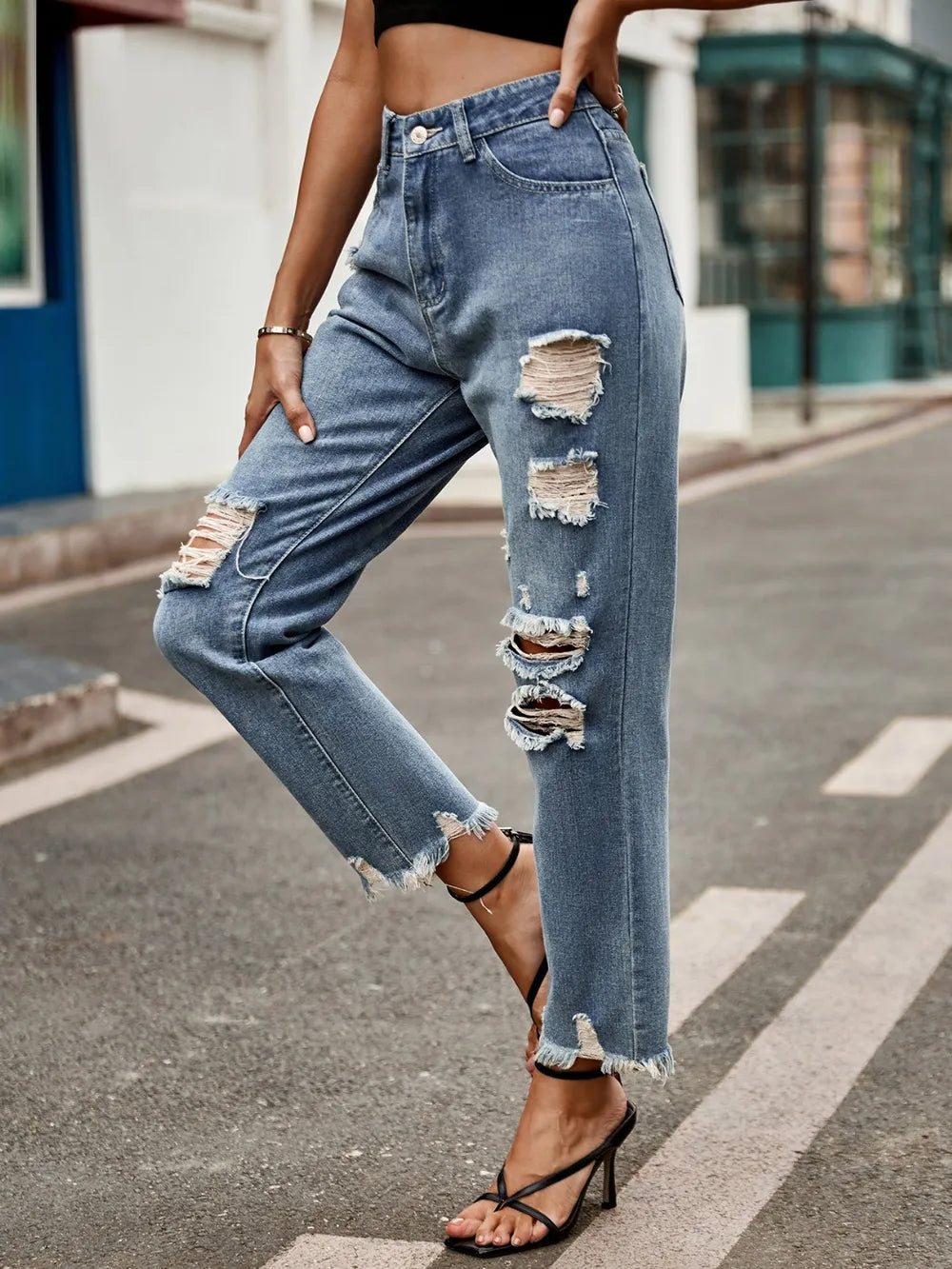 Distressed Raw Hem Jeans with Pockets – Trendsi | ClozArt
