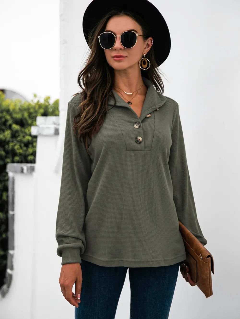 Half Button Long Sleeve T-Shirt – Trendsi | ClozArt