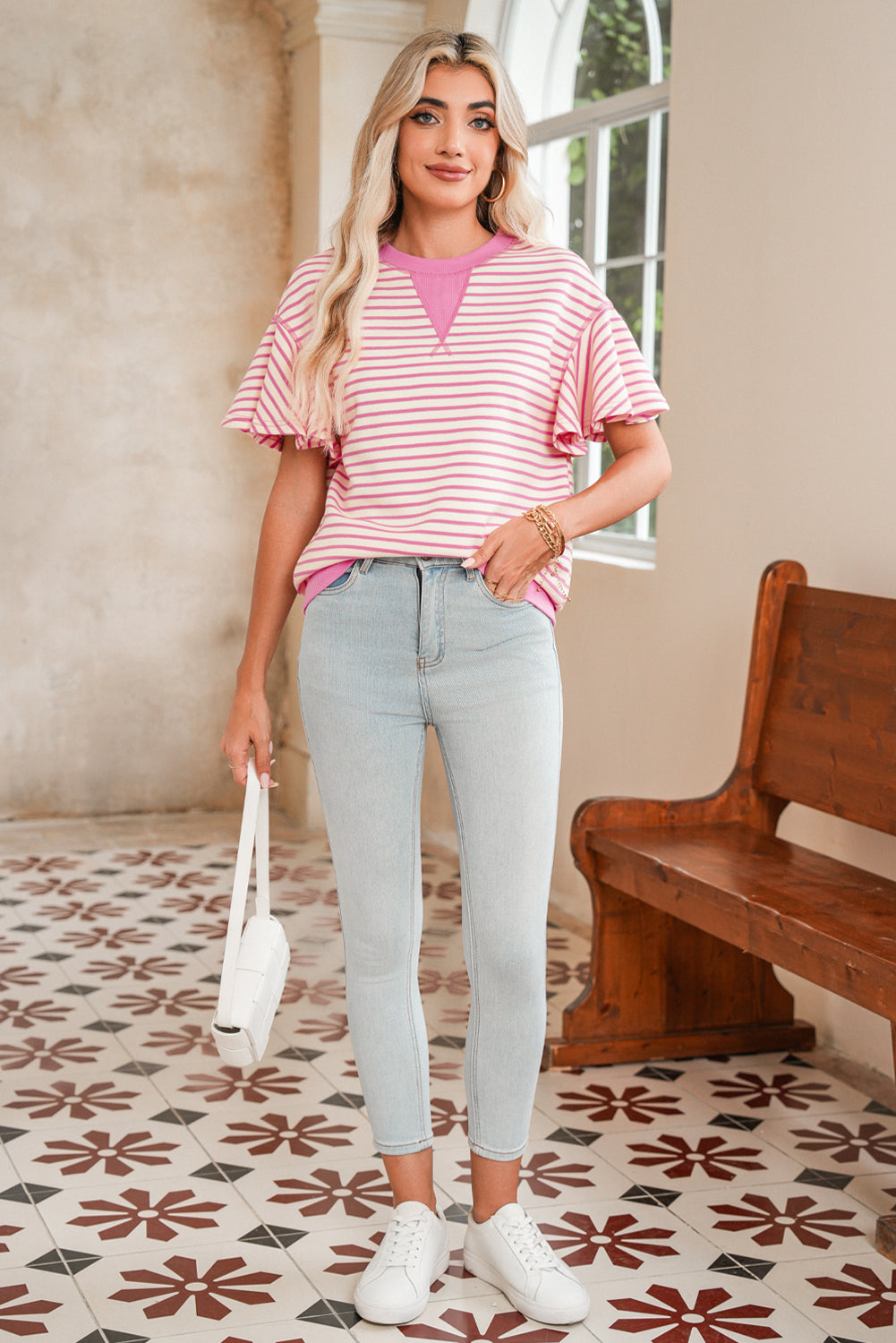 Sachet Pink Striped Ruffle Sleeve Round Neck Top – Shewin | ClozArt