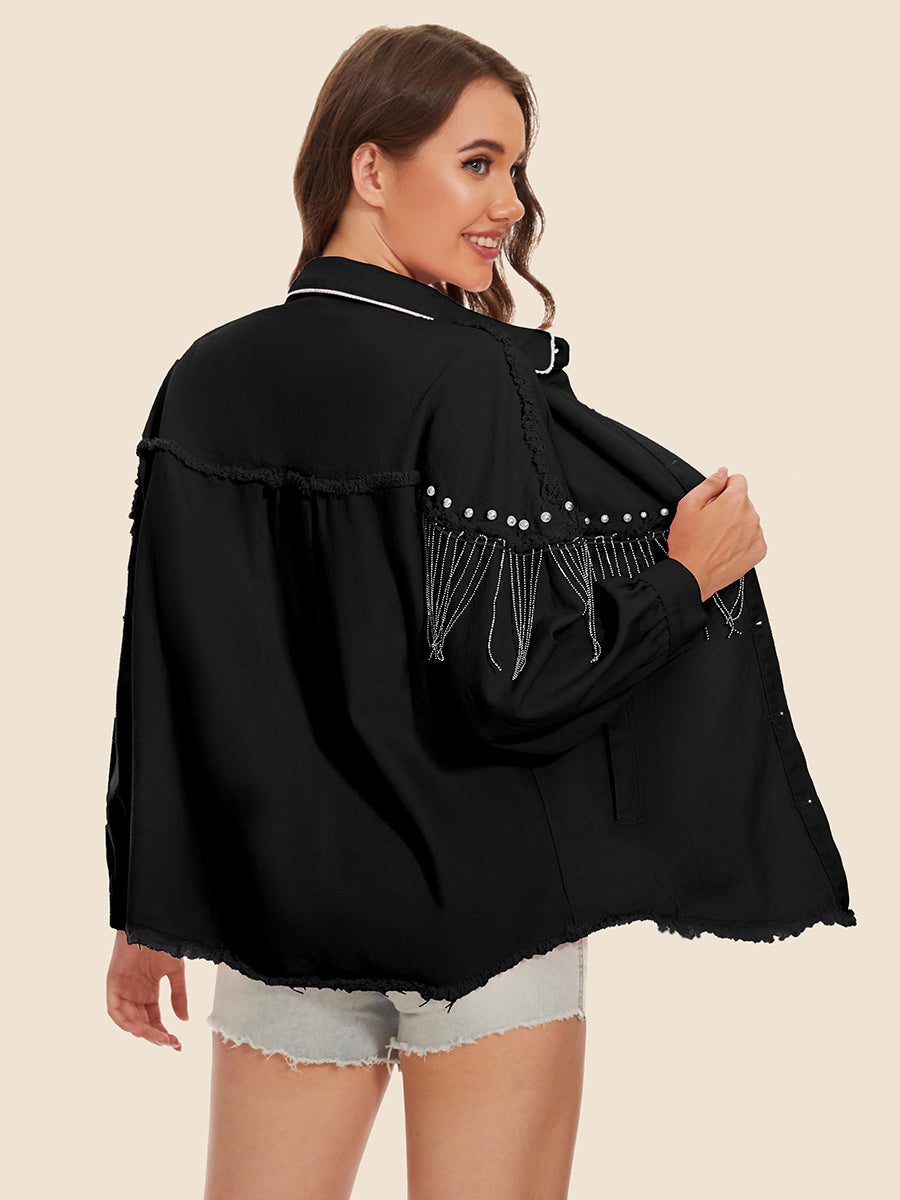 Raw Hem Fringe Detail Denim Jacket – Trendsi | ClozArt