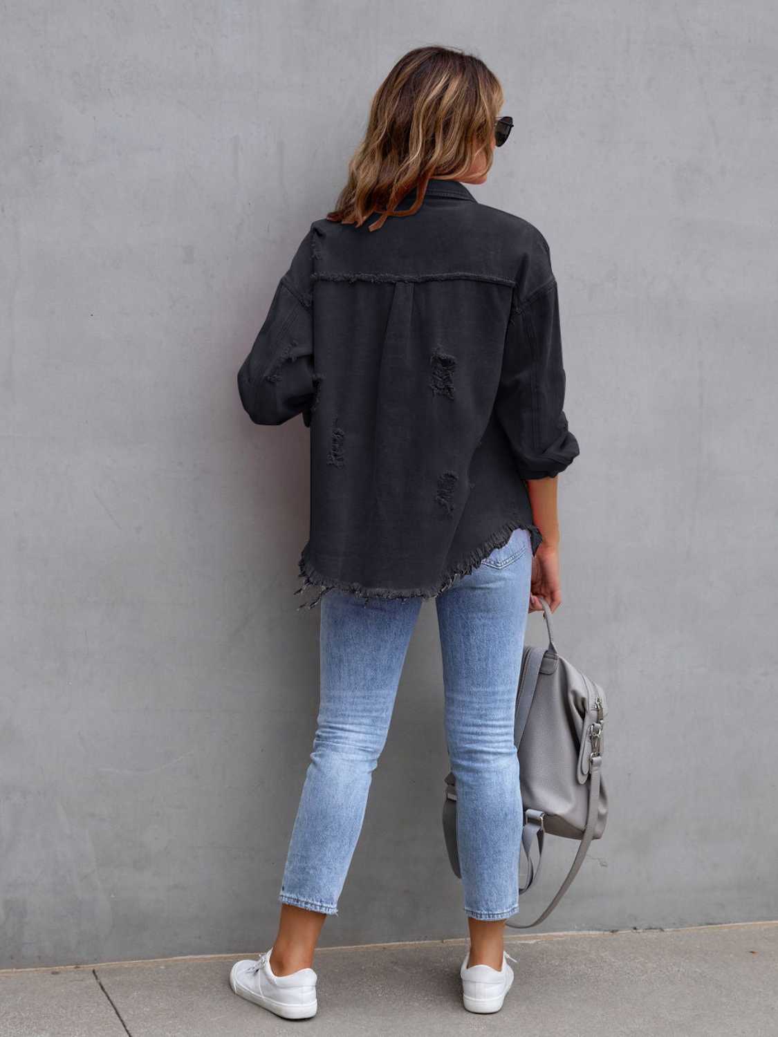 Distressed Drop Shoulder Denim Jacket – Trendsi | ClozArt