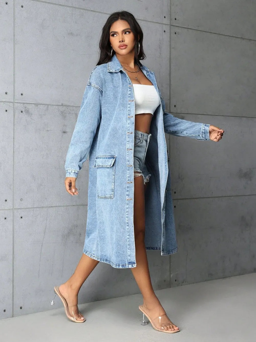 Pocketed Button Up Collared Neck Denim Top – Trendsi | ClozArt