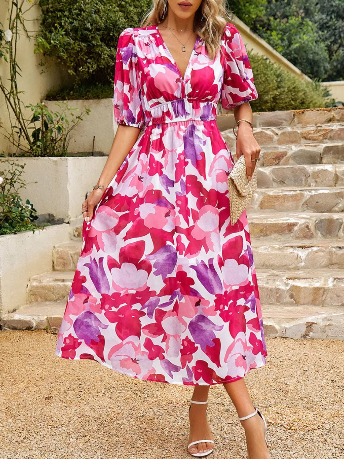 Printed Puff Sleeve Midi Dress – Trendsi | ClozArt