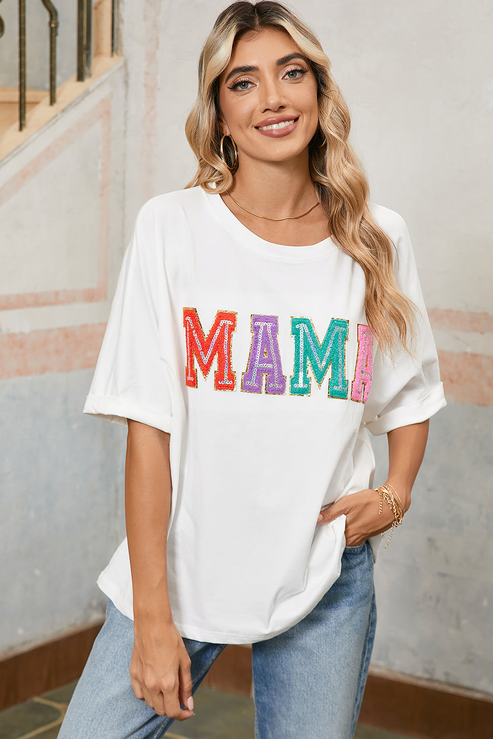 Black MAMA Chenille Patched Crew Neck T Shirt – Shewin | ClozArt