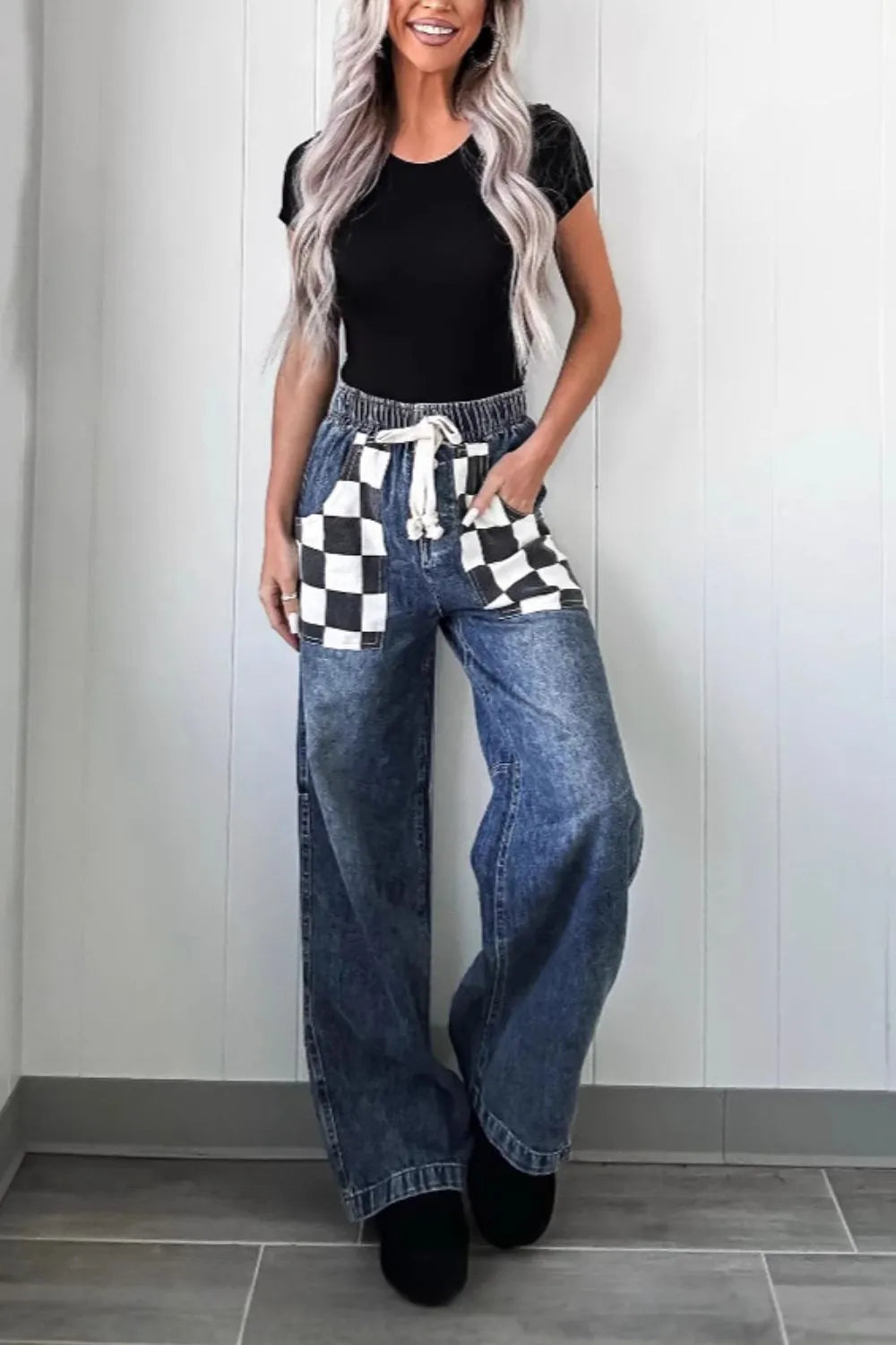 Checkered Wide Leg Jeans – Trendsi | ClozArt