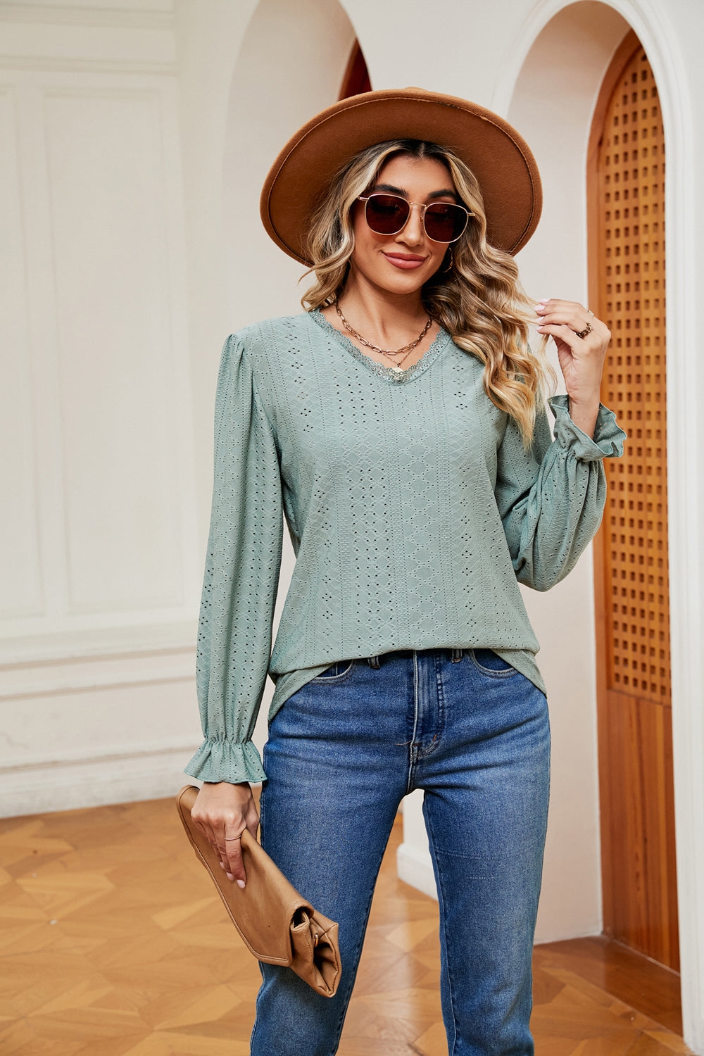 V-Neck Flounce Sleeve Blouse – Trendsi | ClozArt